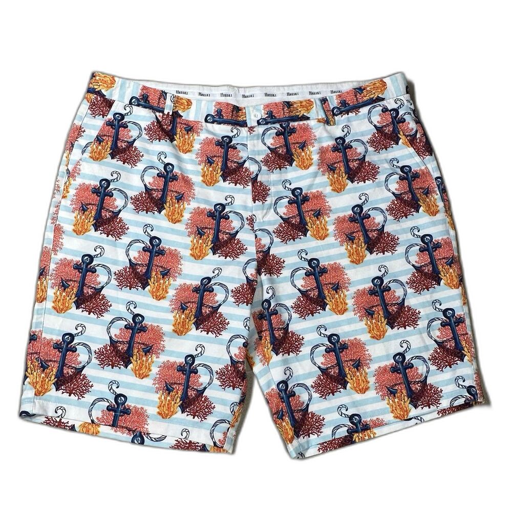 Hreski Golf Shorts Mens 44 Nautical Anchors In Coral Stripes Flat Front